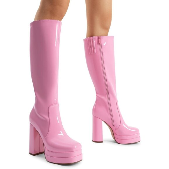 ⚡Women's Pink Faux Leather Platform Heeled Knee High Long Chunky Tall Boot - Picture 6 of 7